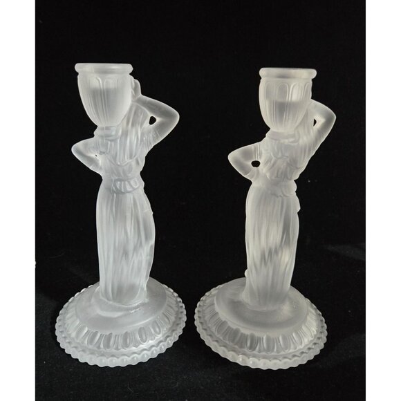 Vintage Fostoria Frosted Glass Figural Candlesticks Rebecca at the Well - Picture 6 of 10